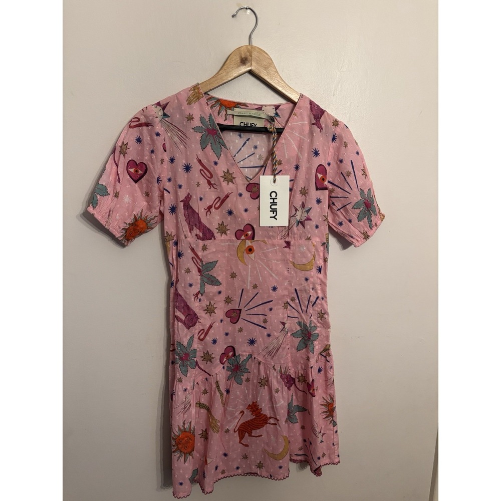 Chufy Women's Pink Swiss Dot Short Sleeved Dress Beaded‎ Trim Size XS New $395